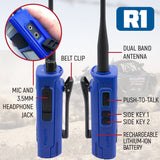R1 handheld radio features belt clip, mic and headphone jack, dual band antenna, push-to-talk, side keys, and rechargeable battery