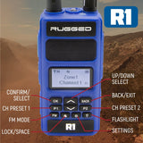 R1 radio Keypad functions include confirm/select mode, channel presets, FM mode, keypad lock, flashlight, and settings menu