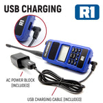 R1 with rechargeable battery can be charged with included power block or standard USB power source