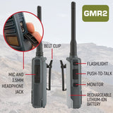 GMR2 GMRS and FRS handhled radio features belt clip, mic and headphone jack, push-to-talk, monitor, and rechargeable battery