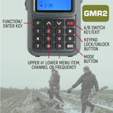 GMR2 GMRS and FRS handheld radio keypad features functions, scrolling, a/b switch, keypad lock, mode button