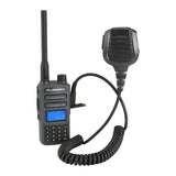 GMRS and FRS handheld 2-way radio and hand mic with rechargeable battery, weather channels, FM radio, flashlight, backlit display