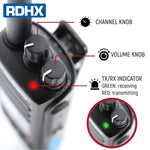 RDHX waterproof handheld radio with easy to use channel knob, volume control, and trasmit and receive indicator light