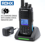 RDHX waterproof handheld radio with AC charging cradle features LED charge status indicator light